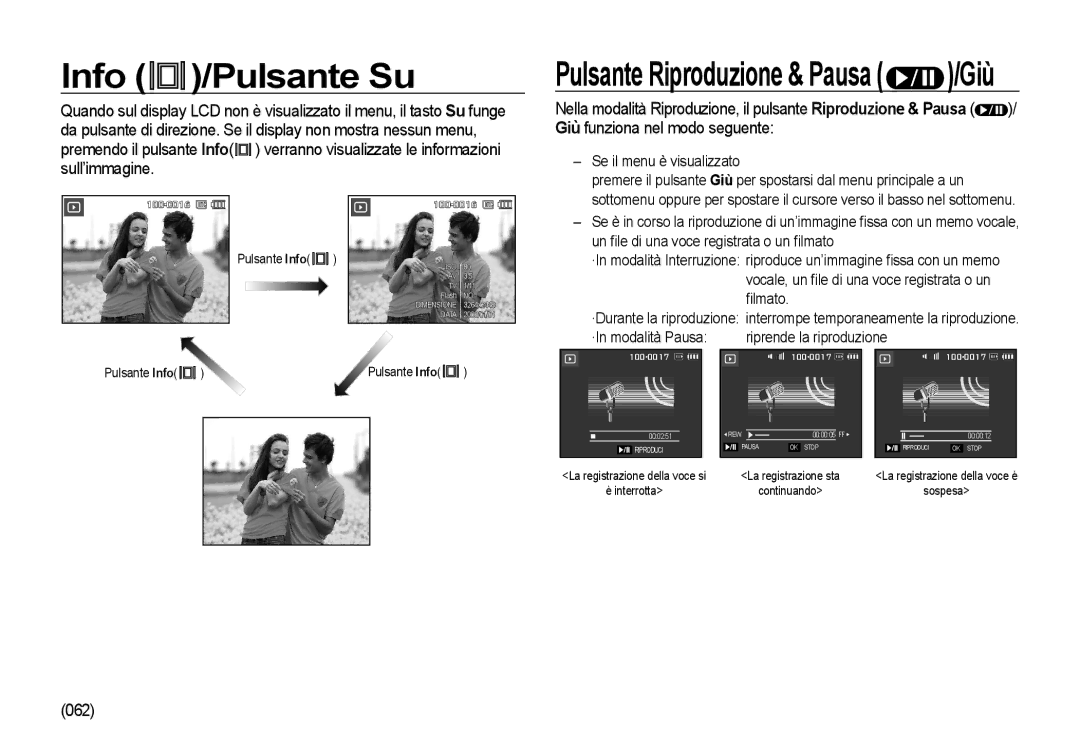 Samsung EC-I8ZZZWBC/E1 manual Info /Pulsante Su, 062, Se il menu è visualizzato, Un ﬁle di una voce registrata o un ﬁlmato 