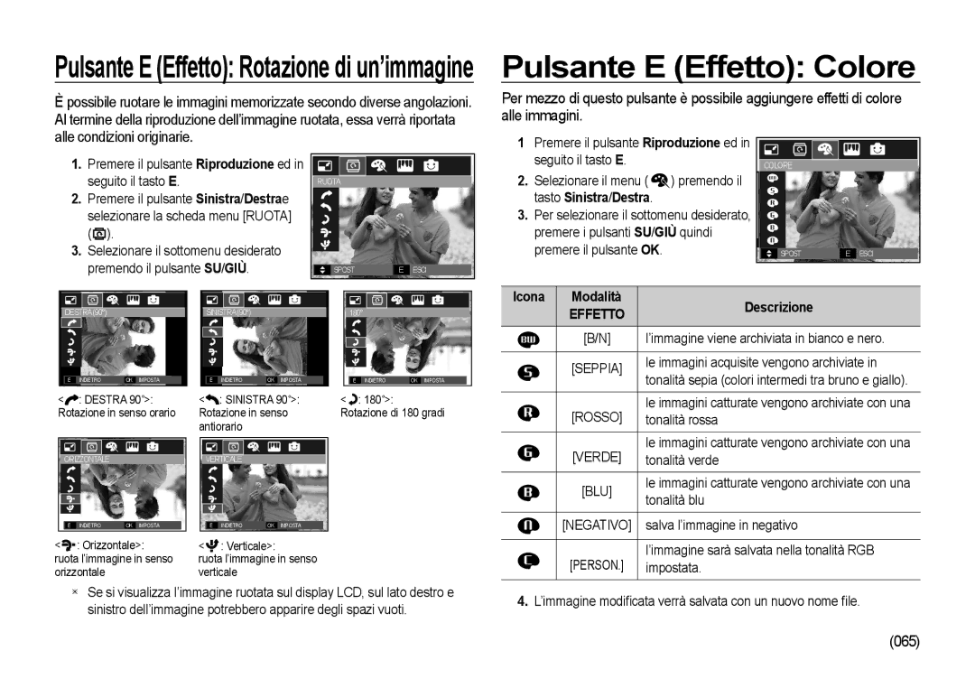 Samsung EC-I8ZZZUBA/E3, EC-I8ZZZWBA/E3, EC-I8ZZZBBA/E3 manual Pulsante E Effetto Colore, 065, Icona Modalità Descrizione 