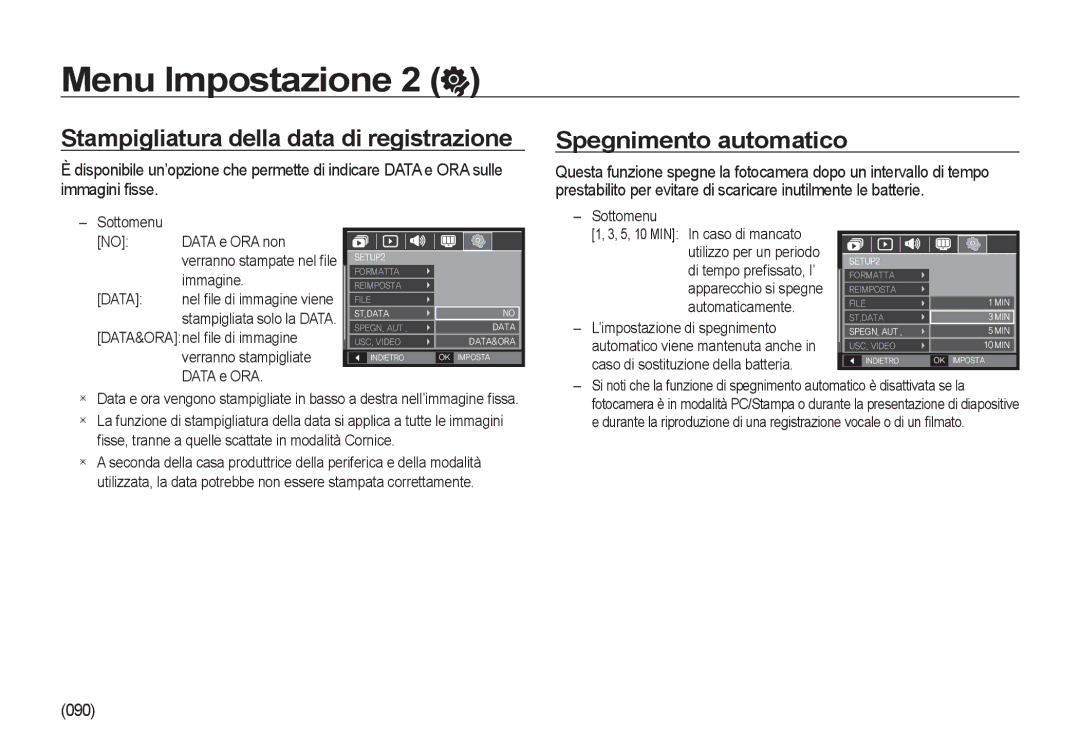 Samsung EC-I8ZZZPBA/E1, EC-I8ZZZWBA/E3 manual Stampigliatura della data di registrazione, Spegnimento automatico, 090 