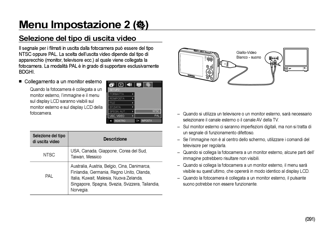 Samsung EC-I8ZZZBBB/E1, EC-I8ZZZWBA/E3, EC-I8ZZZBBA/E3 manual Selezione del tipo di uscita video, 091, Di uscita video 