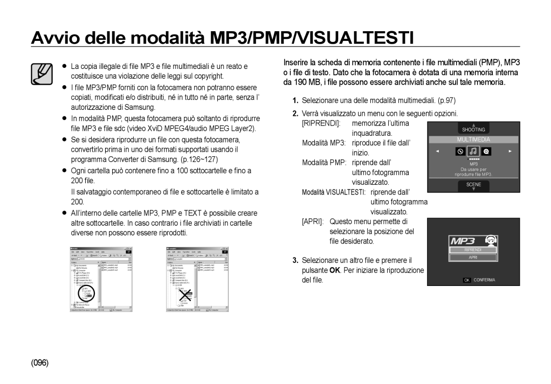 Samsung EC-I8ZZZBBA/E3, EC-I8ZZZWBA/E3, EC-I8ZZZUBA/E3 manual Avvio delle modalità MP3/PMP/VISUALTESTI, 096, Riprendi 