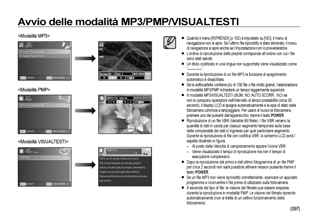 Samsung EC-I8ZZZUBA/E3, EC-I8ZZZWBA/E3, EC-I8ZZZBBA/E3, EC-I8ZZZPBA/E3, EC-I8ZZZUBC/E1, EC-I8ZZZBBA/E1 manual Modalità PMP, 097 