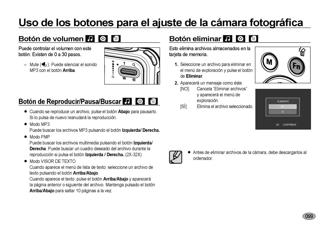 Samsung EC-I8ZZZUBB/E1 Botón de volumen, Botón eliminar, Esto elimina archivos almacenados en la tarjeta de memoria, 0999 