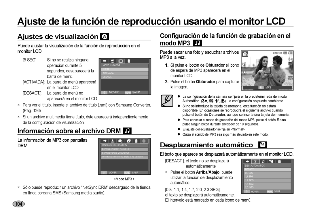 Samsung EC-I8ZZZWBC/E1, EC-I8ZZZWBA/E3 Ajustes de visualización, Conﬁguración de la función de grabación en el modo MP3 