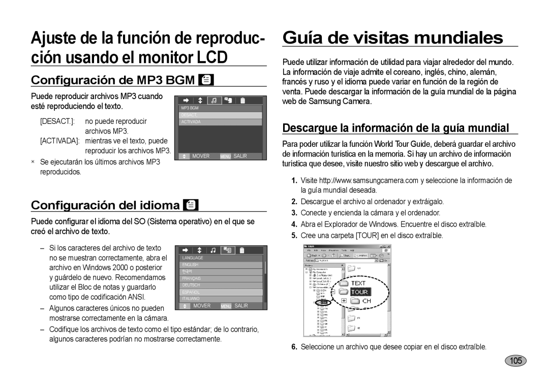 Samsung EC-I8ZZZBBA/AS Guía de visitas mundiales, Conﬁguración de MP3 BGM, Descargue la información de la guía mundial 