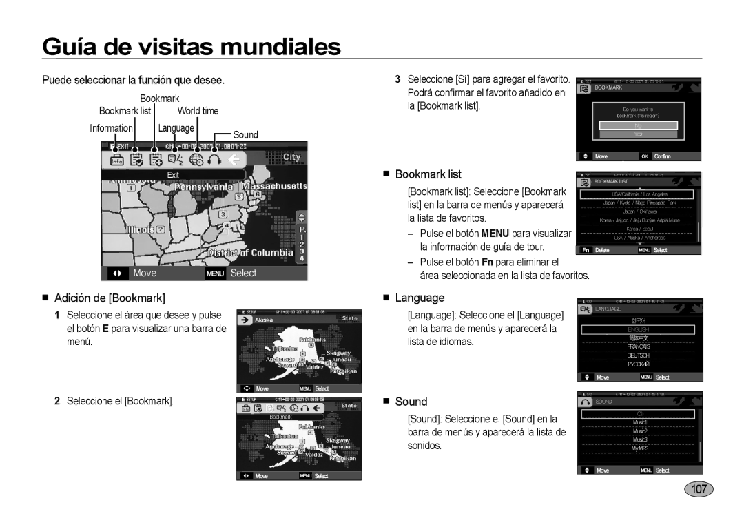 Samsung EC-I8ZZZWBA/E3, EC-I8ZZZBBA/E3 Puede seleccionar la función que desee, Adición de Bookmark, Language, Sound, 107 