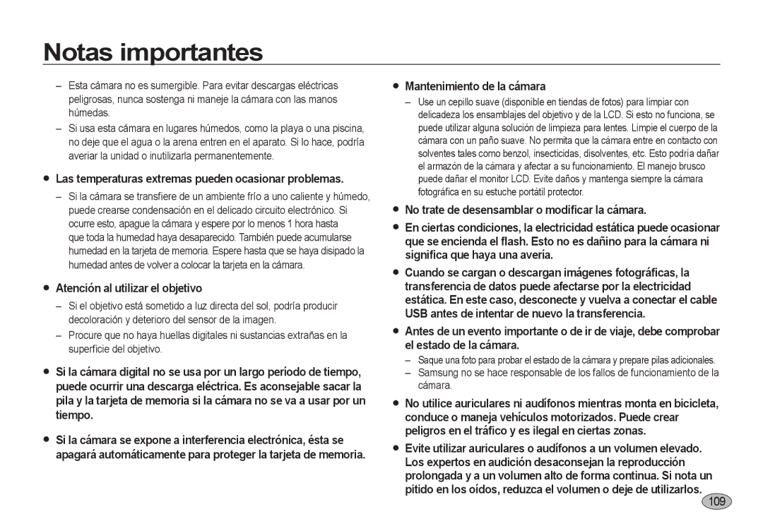 Samsung EC-I8ZZZUBA/E3, EC-I8ZZZWBA/E3, EC-I8ZZZBBA/E3 manual 109, Las temperaturas extremas pueden ocasionar problemas 