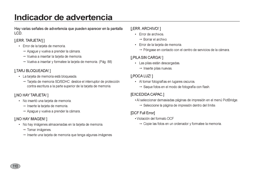 Samsung EC-I8ZZZWBA/GB manual Indicador de advertencia, DCF Full Error, 1110, La tarjeta de memoria está bloqueada 