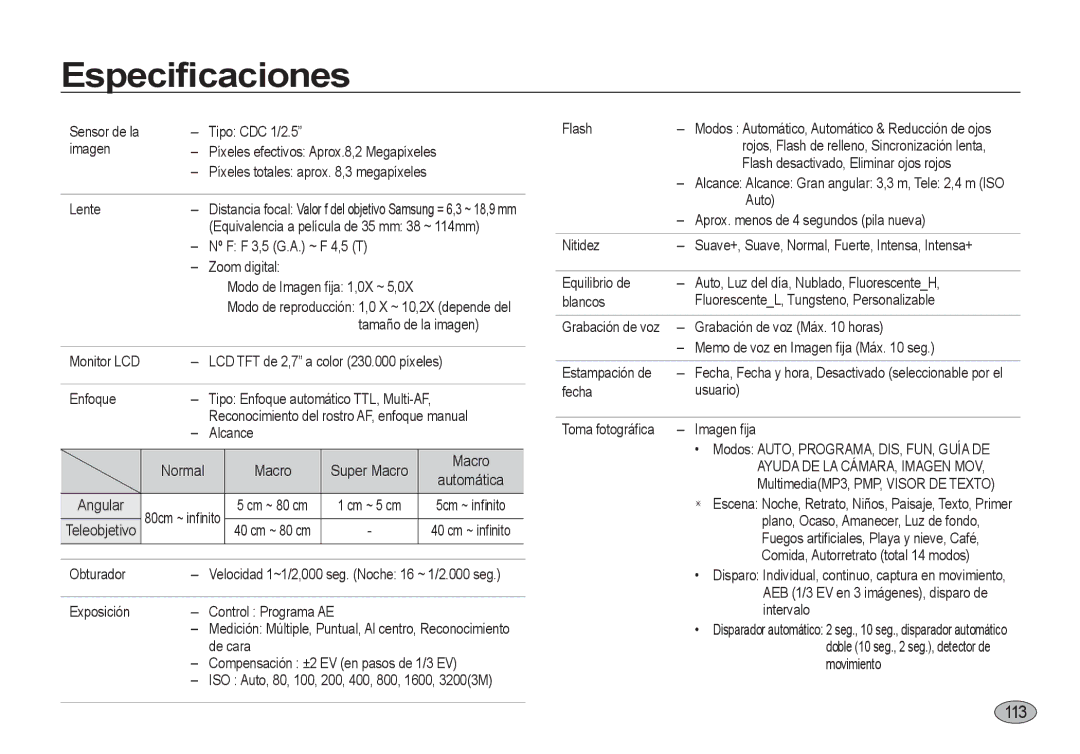 Samsung EC-I8ZZZUBA/FR, EC-I8ZZZWBA/E3, EC-I8ZZZBBA/E3, EC-I8ZZZUBA/E3, EC-I8ZZZWBA/GB, EC-I8ZZZWBA/FR Especiﬁcaciones, 1113 