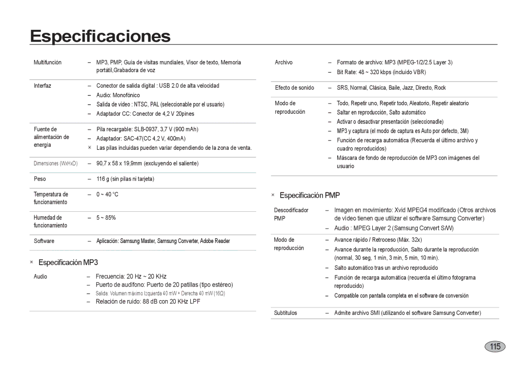 Samsung EC-I8ZZZUBC/E1, EC-I8ZZZWBA/E3, EC-I8ZZZBBA/E3, EC-I8ZZZUBA/E3, EC-I8ZZZWBA/GB, EC-I8ZZZWBA/FR 1115, Especiﬁcación MP3 