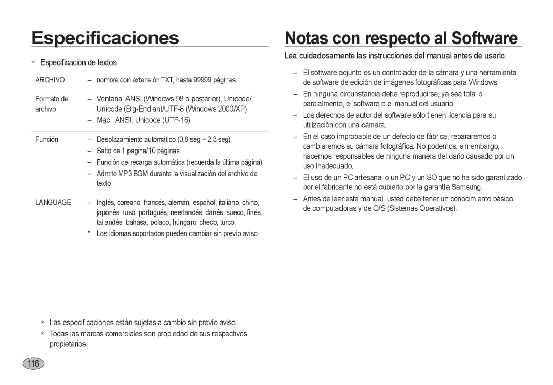 Samsung EC-I8ZZZBBA/E1, EC-I8ZZZWBA/E3, EC-I8ZZZBBA/E3 manual Notas con respecto al Software, 1116, Archivo, Language 