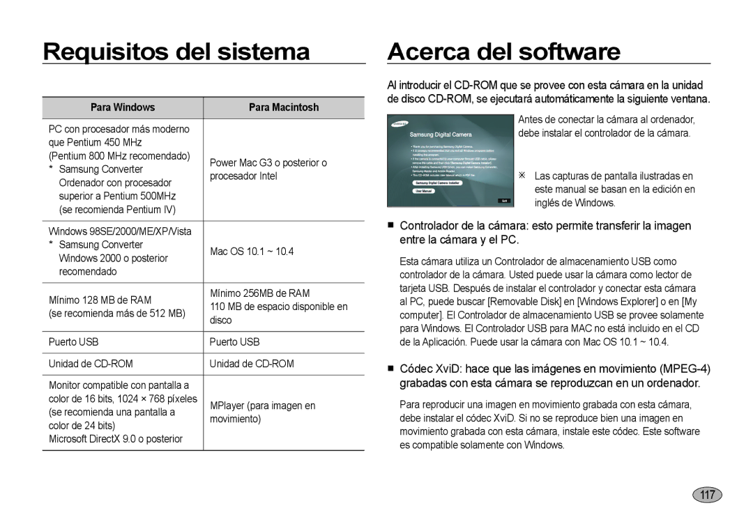 Samsung EC-I8ZZZUBB/E1, EC-I8ZZZWBA/E3 manual Requisitos del sistema, Acerca del software, 1117, Para Windows Para Macintosh 