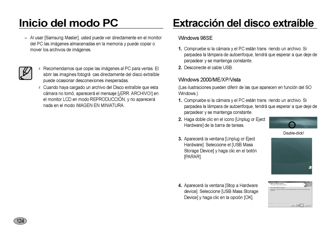 Samsung EC-I8ZZZWBA/AS, EC-I8ZZZWBA/E3 manual Extracción del disco extraíble, Windows 98SE, Windows 2000/ME/XP/Vista, 124 