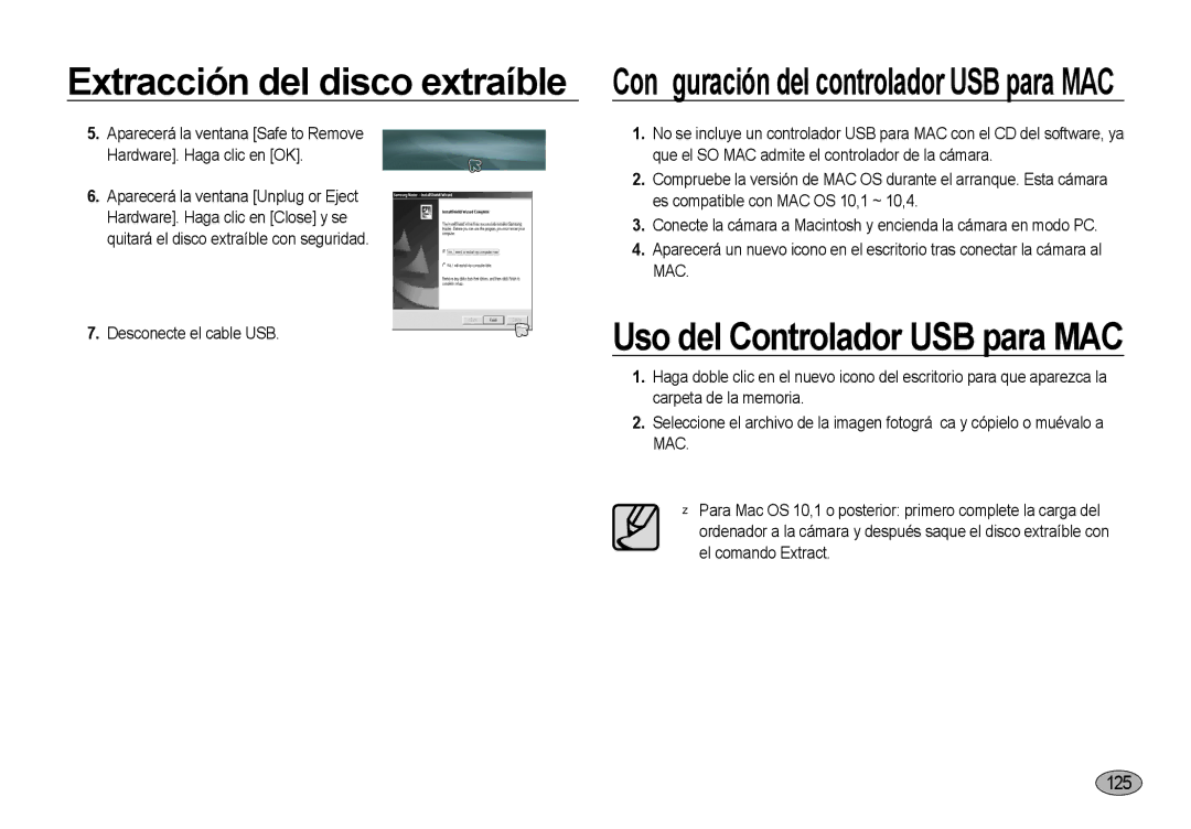 Samsung EC-I8ZZZWBA/E3, EC-I8ZZZBBA/E3, EC-I8ZZZUBA/E3, EC-I8ZZZWBA/GB manual Conﬁguración del controlador USB para MAC, 125 