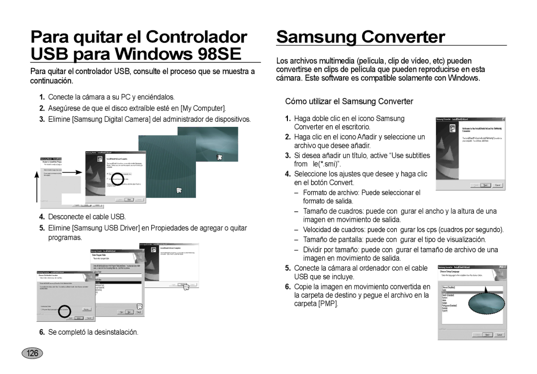 Samsung EC-I8ZZZBBA/E3, EC-I8ZZZWBA/E3 manual Para quitar el Controlador USB para Windows 98SE, Samsung Converter, 126 