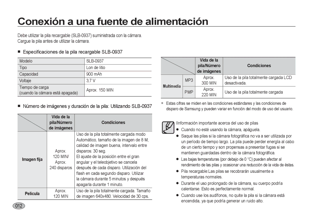 Samsung EC-I8ZZZBBB/E1, EC-I8ZZZWBA/E3 manual Conexión a una fuente de alimentación, 012, Vida de la, Condiciones, MP3 