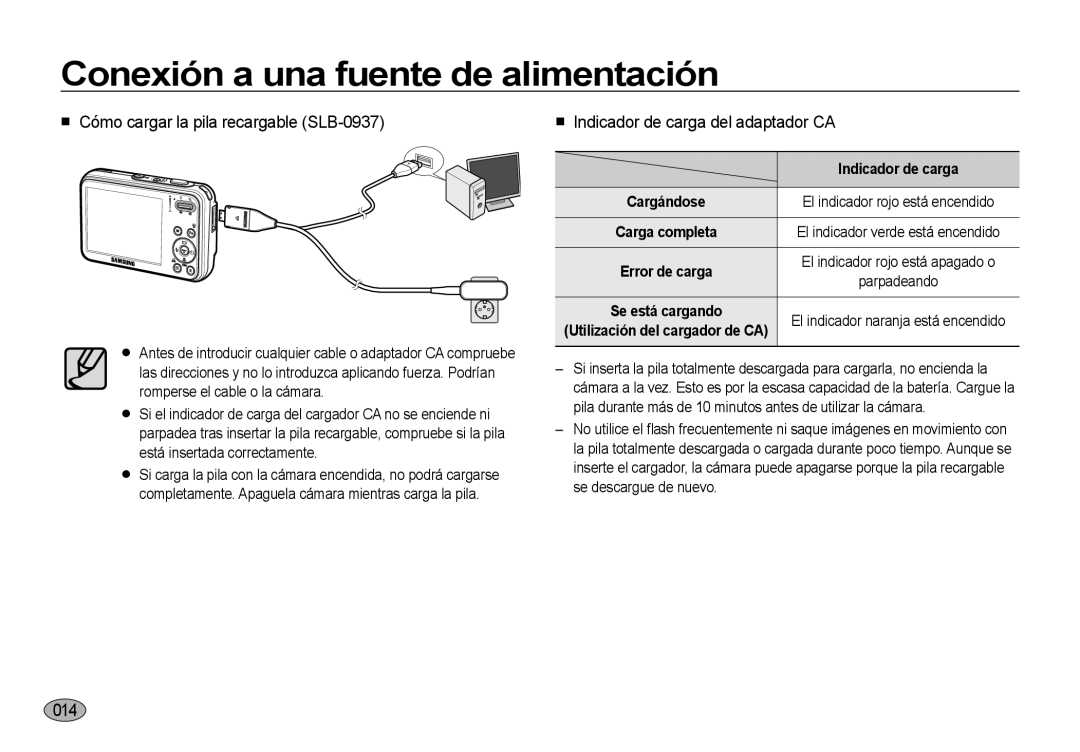 Samsung EC-I8ZZZWBC/E1, EC-I8ZZZWBA/E3 Cómo cargar la pila recargable SLB-0937, Indicador de carga del adaptador CA, 014 