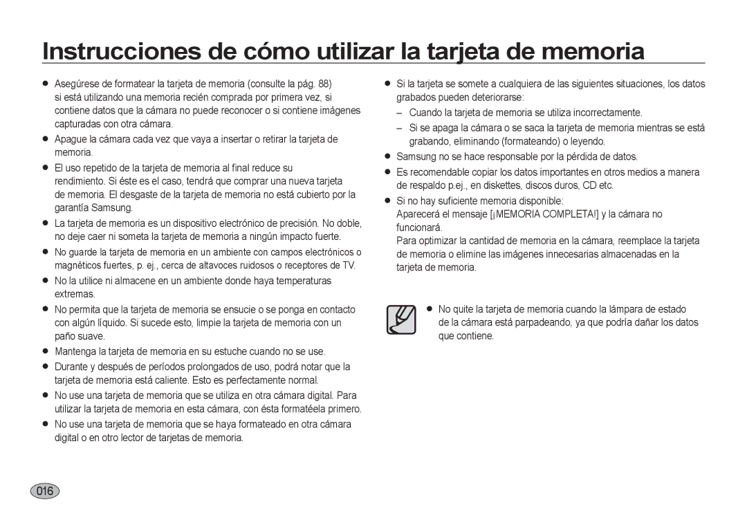 Samsung EC-I8ZZZWBA/AS, EC-I8ZZZWBA/E3, EC-I8ZZZBBA/E3 manual Instrucciones de cómo utilizar la tarjeta de memoria, 016 