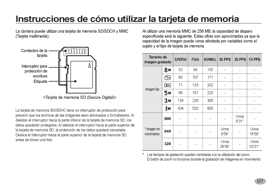 Samsung EC-I8ZZZWBA/E3, EC-I8ZZZBBA/E3, EC-I8ZZZUBA/E3, EC-I8ZZZWBA/GB manual Tarjeta de memoria SD Secure Digital, 017 