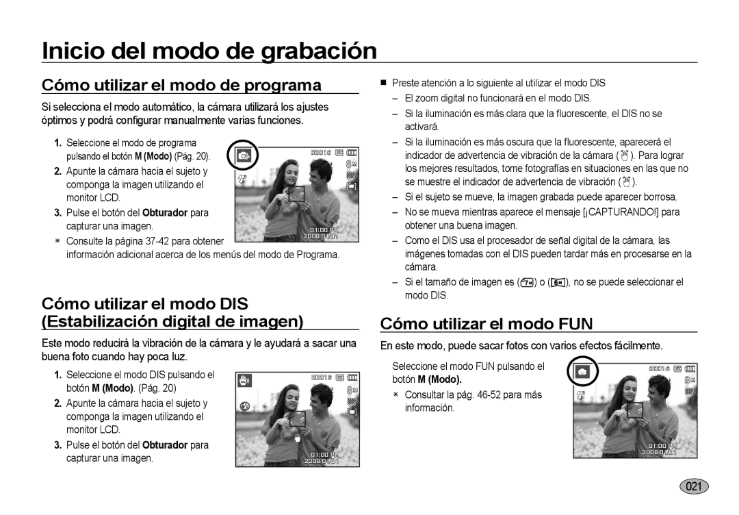 Samsung EC-I8ZZZWBA/FR Cómo utilizar el modo de programa, Cómo utilizar el modo DIS Estabilización digital de imagen, 021 