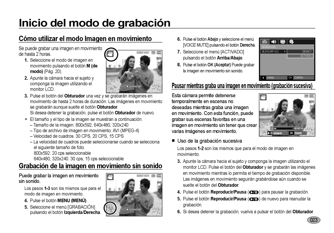 Samsung EC-I8ZZZUBA/FR, EC-I8ZZZWBA/E3 manual Cómo utilizar el modo Imagen en movimiento, Uso de la grabación sucesiva, 023 