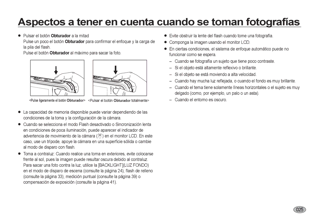 Samsung EC-I8ZZZUBC/E1, EC-I8ZZZWBA/E3, EC-I8ZZZBBA/E3 manual Aspectos a tener en cuenta cuando se toman fotografías, 025 