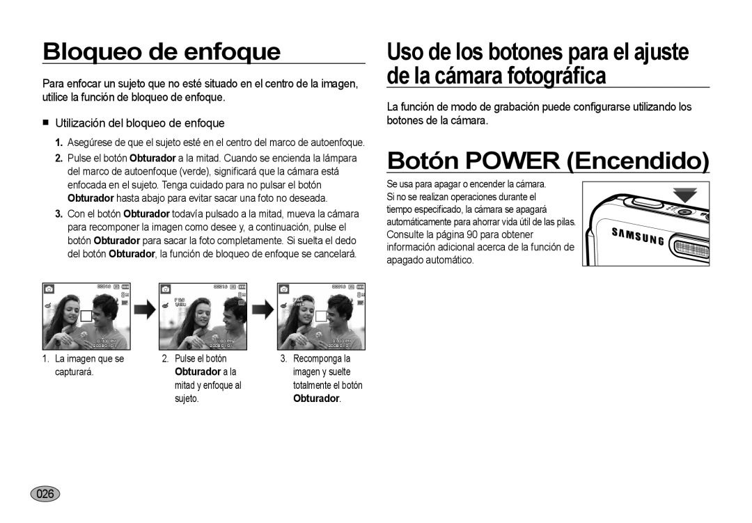 Samsung EC-I8ZZZBBA/E1, EC-I8ZZZWBA/E3 manual Bloqueo de enfoque, Botón Power Encendido, 026, La imagen que se capturará 