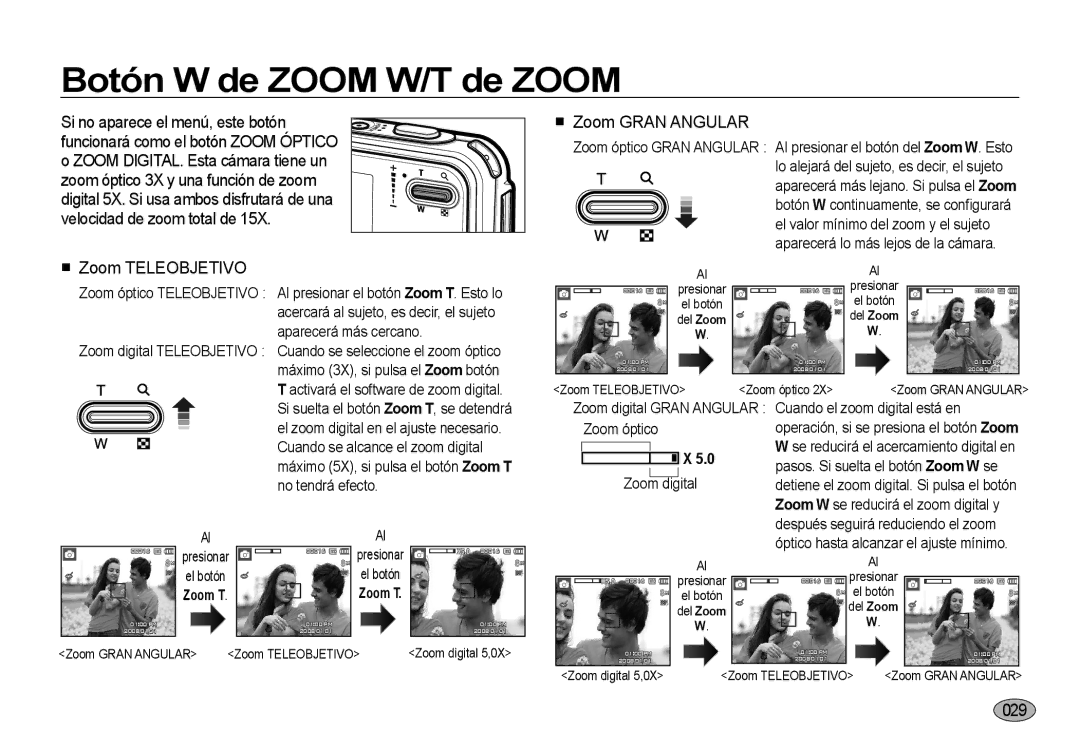 Samsung EC-I8ZZZPBA/E1, EC-I8ZZZWBA/E3 manual Botón W de Zoom W/T de Zoom, Zoom Teleobjetivo, Zoom Gran Angular, 029 