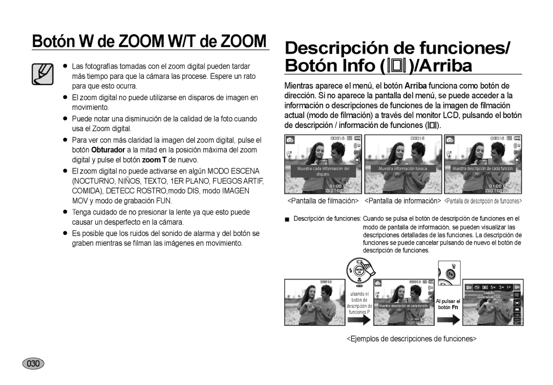 Samsung EC-I8ZZZBBB/E1 manual Descripción de funciones/ Botón Info /Arriba, 030, Ejemplos de descripciones de funciones 