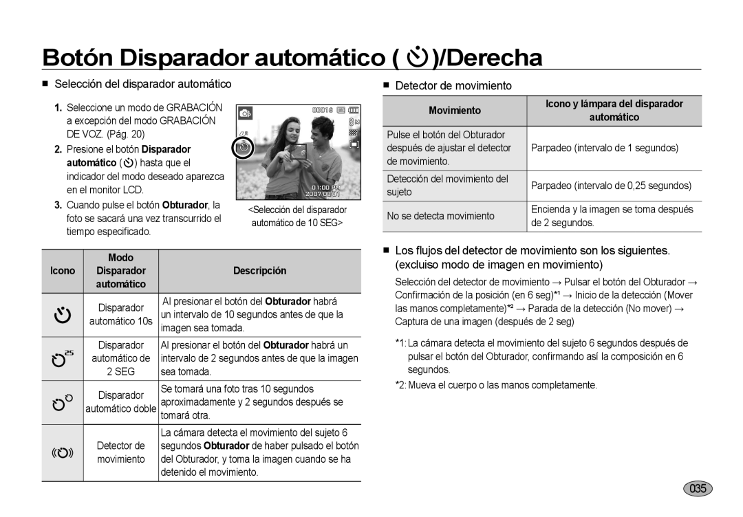 Samsung EC-I8ZZZWBA/E3 Botón Disparador automático /Derecha, Selección del disparador automático Detector de movimiento 