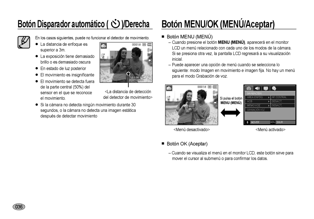 Samsung EC-I8ZZZBBA/E3 Botón MENU/OK MENÚ/Aceptar, Botón Disparador automático /Derecha, Botón Menu Menú, Botón OK Aceptar 