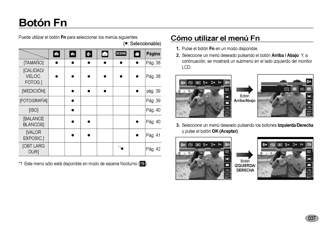 Samsung EC-I8ZZZUBA/E3, EC-I8ZZZWBA/E3, EC-I8ZZZBBA/E3 manual Botón Fn, Cómo utilizar el menú Fn, Seleccionable, 037 