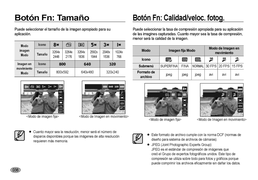 Samsung EC-I8ZZZWBA/GB, EC-I8ZZZWBA/E3 manual Botón Fn Tamaño, 038, 2448 2176 1836 1944 1536 768, 800x592 640x480 320x240 