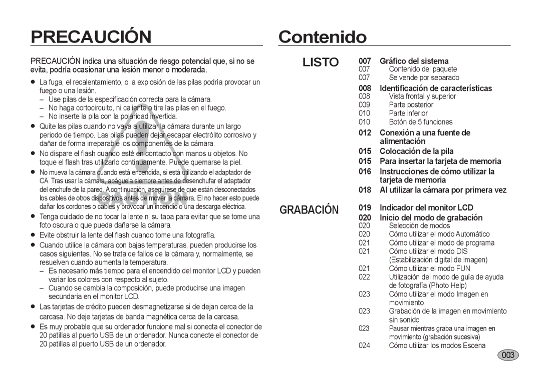 Samsung EC-I8ZZZWBA/FR manual 0003, Contenido del paquete Se vende por separado, 024 Cómo utilizar los modos Escena 