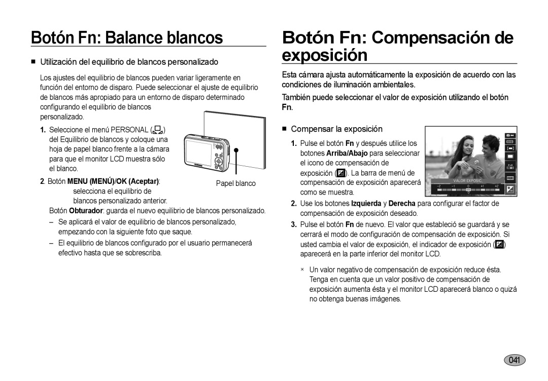 Samsung EC-I8ZZZUBA/FR manual Botón Fn Compensación de exposición, Utilización del equilibrio de blancos personalizado, 041 