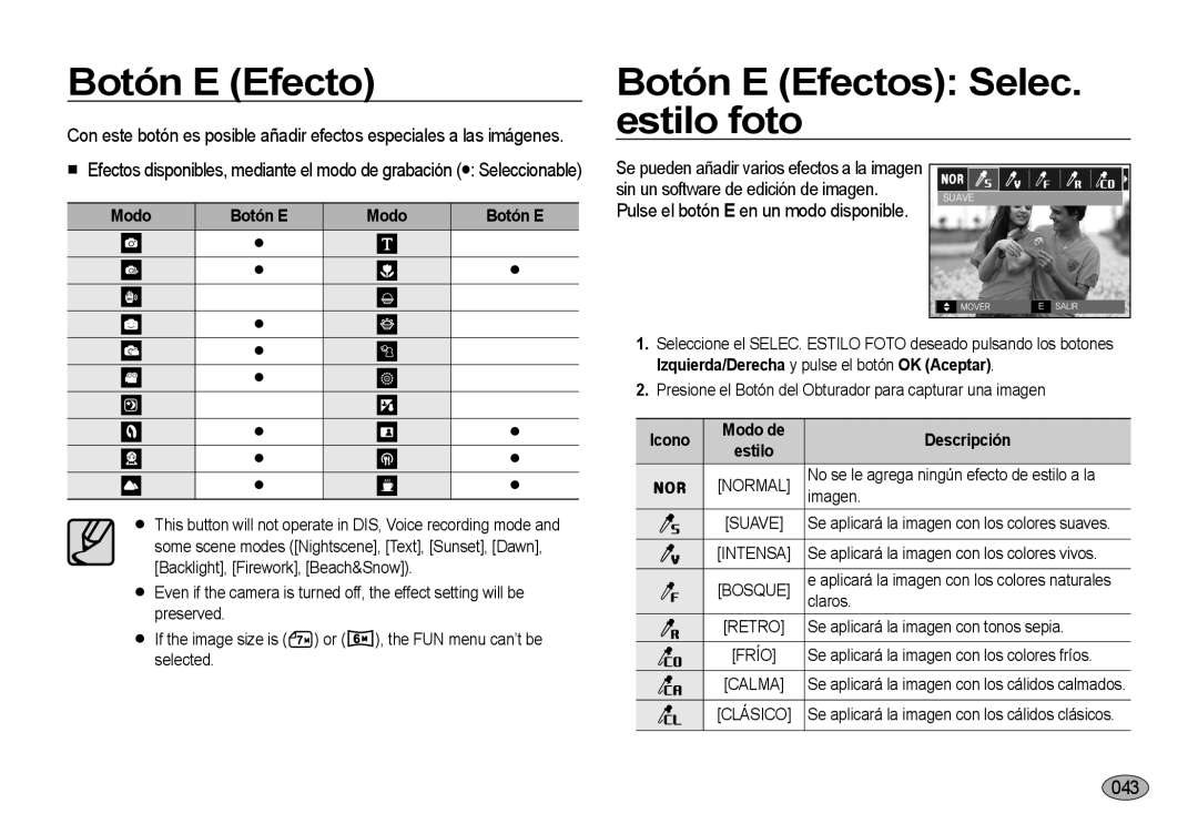 Samsung EC-I8ZZZUBC/E1, EC-I8ZZZWBA/E3, EC-I8ZZZBBA/E3 manual Botón E Efectos Selec. estilo foto, 043, Modo Botón E 