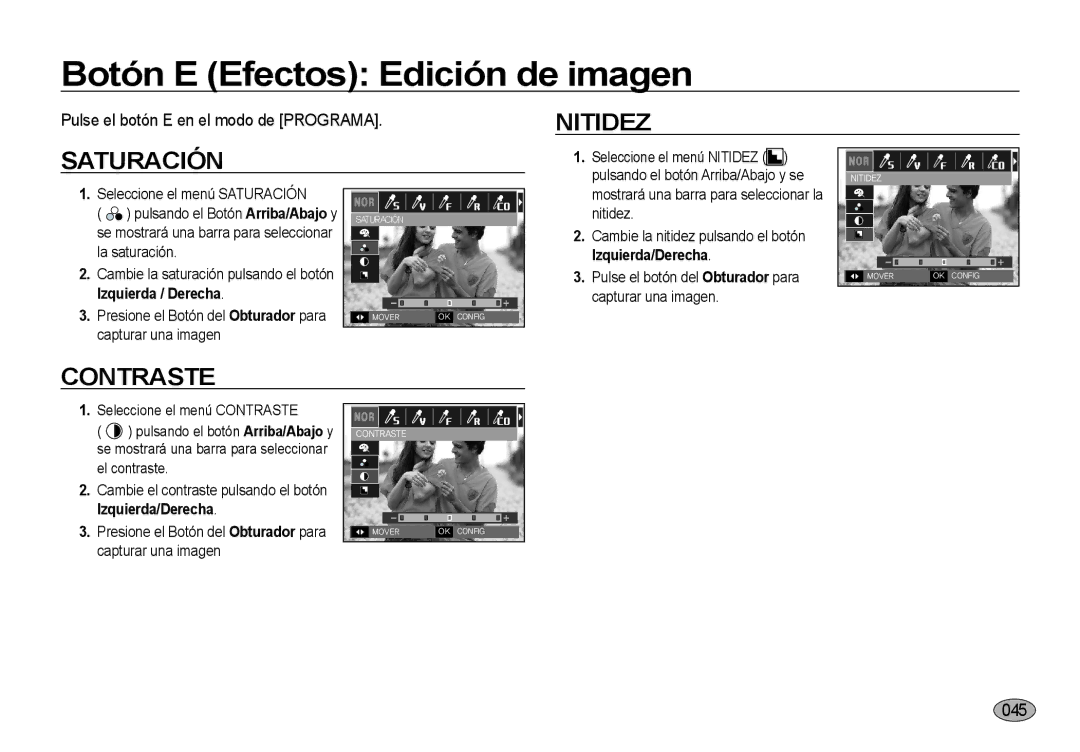 Samsung EC-I8ZZZUBB/E1, EC-I8ZZZWBA/E3, EC-I8ZZZBBA/E3, EC-I8ZZZUBA/E3 manual Pulse el botón E en el modo de Programa, 045 