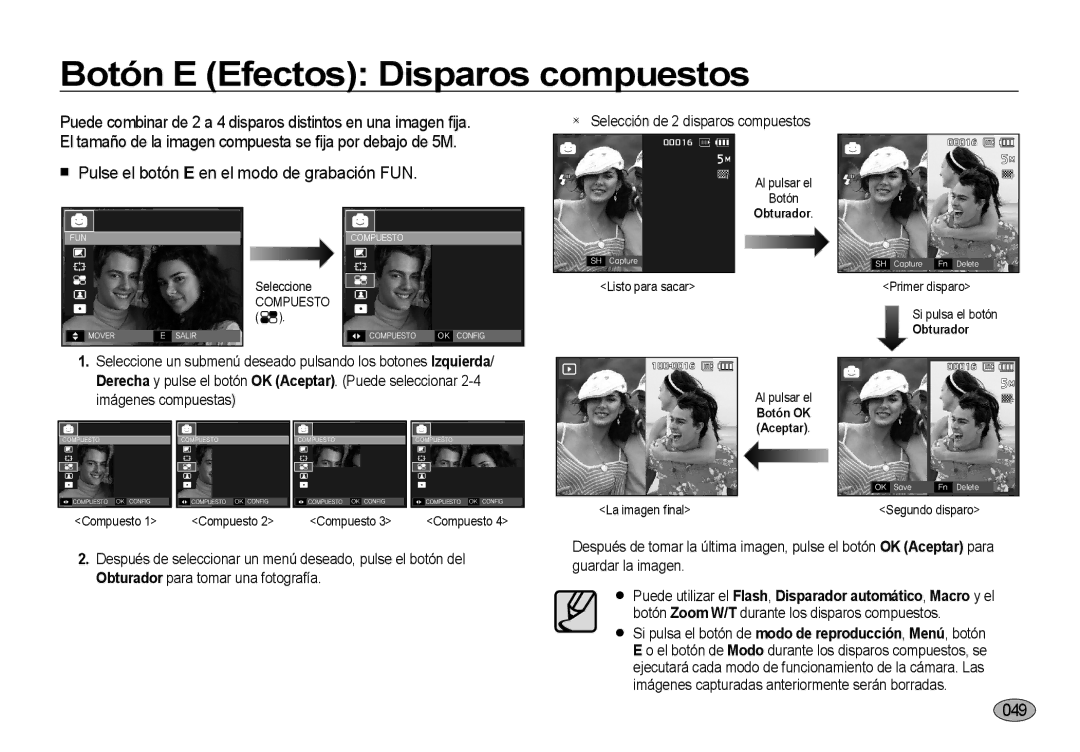 Samsung EC-I8ZZZPBB/E1 Botón E Efectos Disparos compuestos, 049, Selección de 2 disparos compuestos, Botón OK Aceptar 