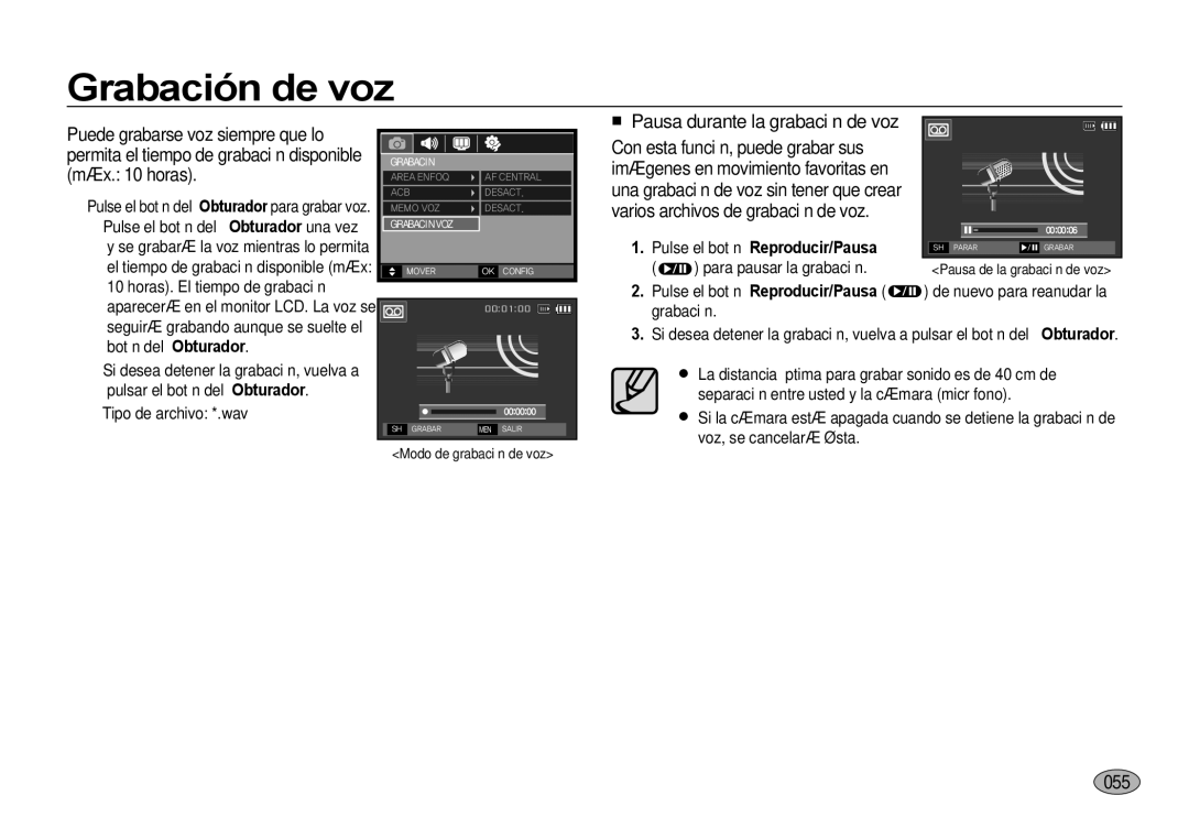 Samsung EC-I8ZZZUBA/E3, EC-I8ZZZWBA/E3, EC-I8ZZZBBA/E3 manual Grabación de voz, 0555, Pulse el botón Reproducir/Pausa 