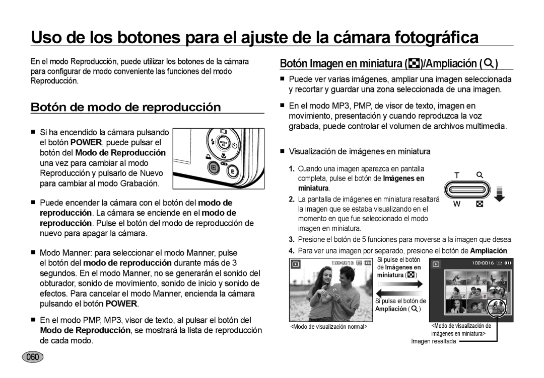 Samsung EC-I8ZZZPBA/FR manual Uso de los botones para el ajuste de la cámara fotográﬁca, Botón de modo de reproducción, 060 