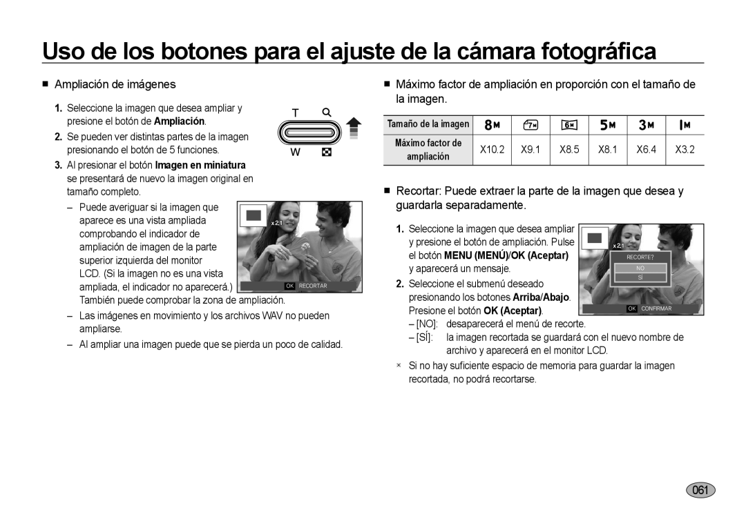 Samsung EC-I8ZZZUBC/E1 manual Ampliación de imágenes, 061, X10.2 X9.1 X8.5 X8.1 X6.4 X3.2, Presione el botón OK Aceptar 