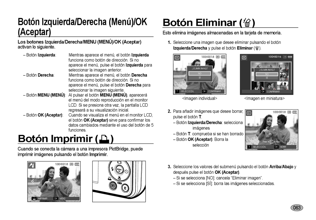 Samsung EC-I8ZZZUBB/E1, EC-I8ZZZWBA/E3 manual Botón Izquierda/Derecha Menú/OK Aceptar, Botón Eliminar, Botón Imprimir 