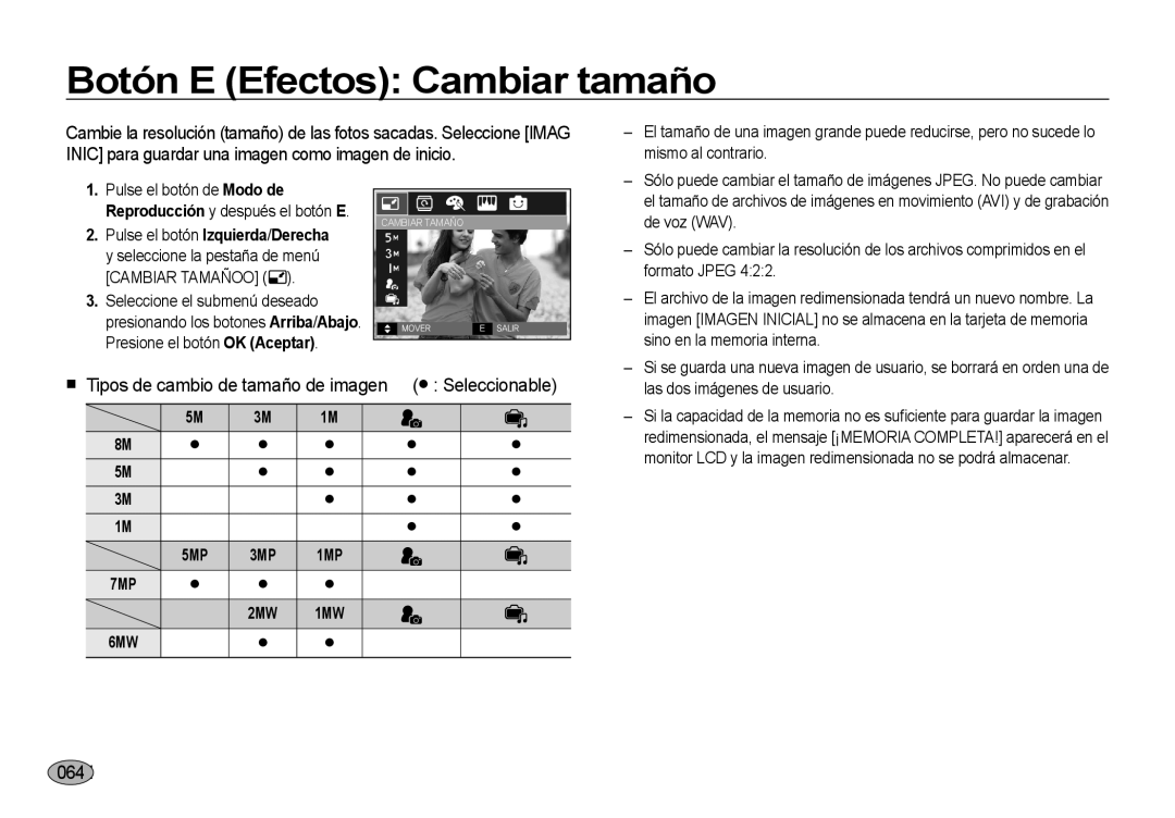 Samsung EC-I8ZZZWBA/E1 manual Botón E Efectos Cambiar tamaño, Tipos de cambio de tamaño de imagen Seleccionable, 064 