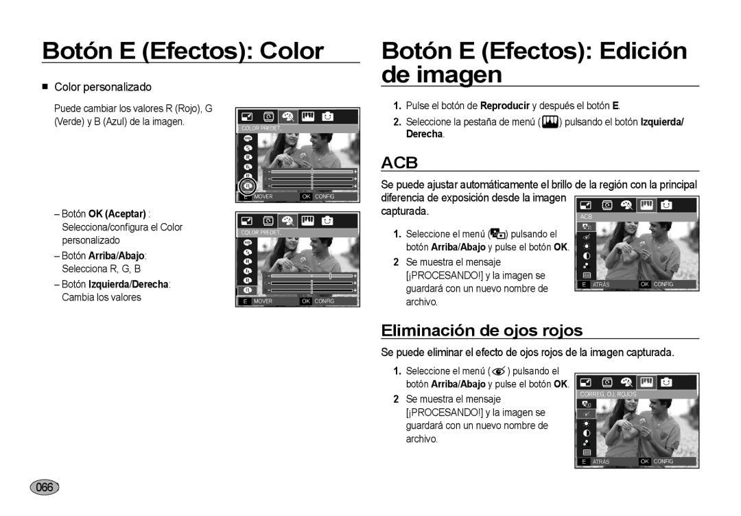 Samsung EC-I8ZZZBBB/E1 Botón E Efectos Color Botón E Efectos Edición de imagen, Eliminación de ojos rojos, Capturada, 0666 