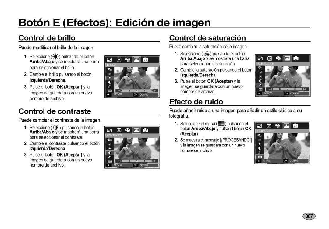 Samsung EC-I8ZZZPBB/E1, EC-I8ZZZWBA/E3 manual Control de brillo, Control de saturación, Efecto de ruido Control de contraste 