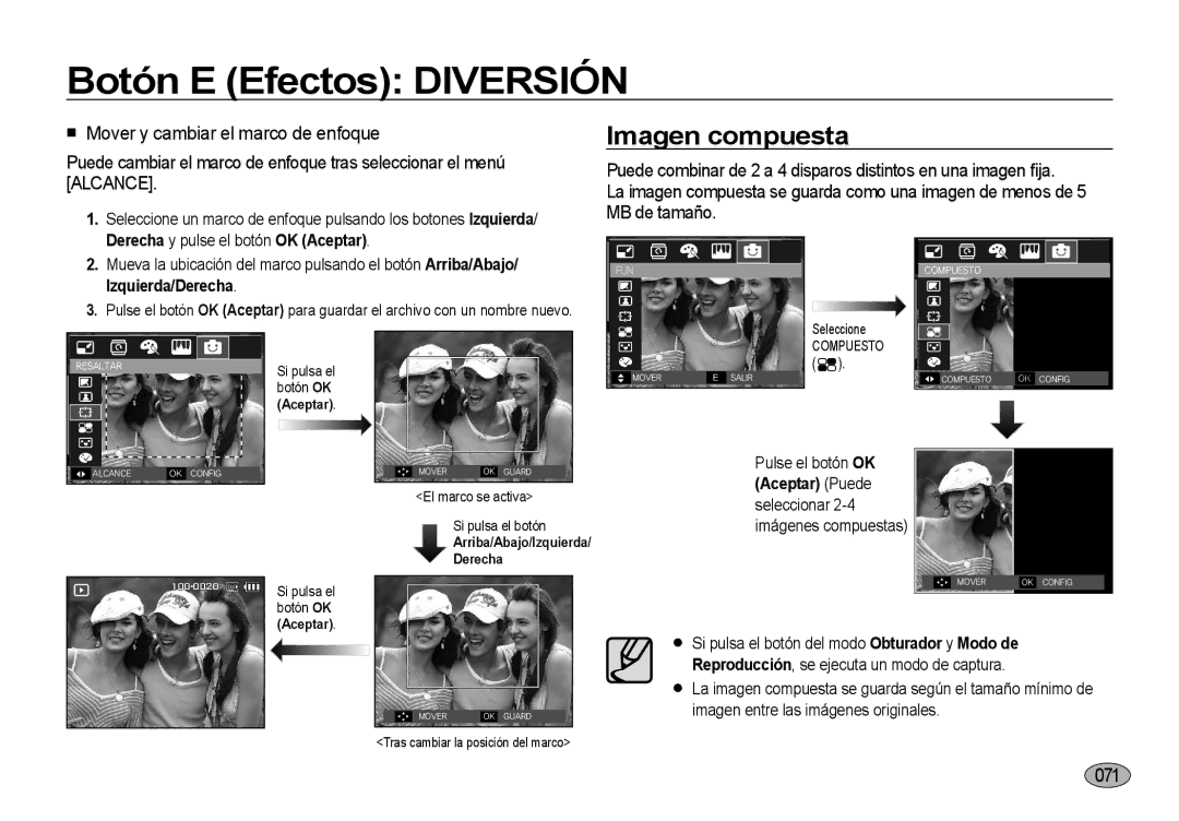 Samsung EC-I8ZZZWBA/E3 manual Imagen compuesta, 071, Derecha y pulse el botón OK Aceptar, Arriba/Abajo/Izquierda/ Derecha 