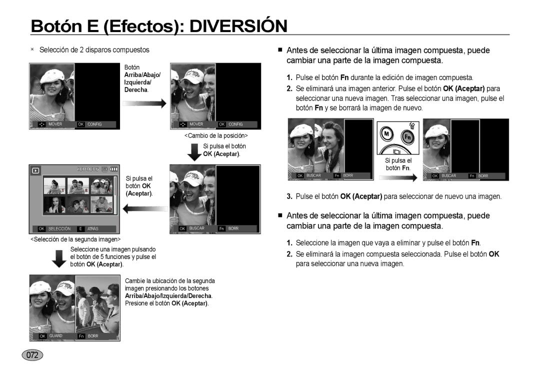 Samsung EC-I8ZZZBBA/E3, EC-I8ZZZWBA/E3 manual 072, Para seleccionar una nueva imagen, Arriba/Abajo Izquierda Derecha 