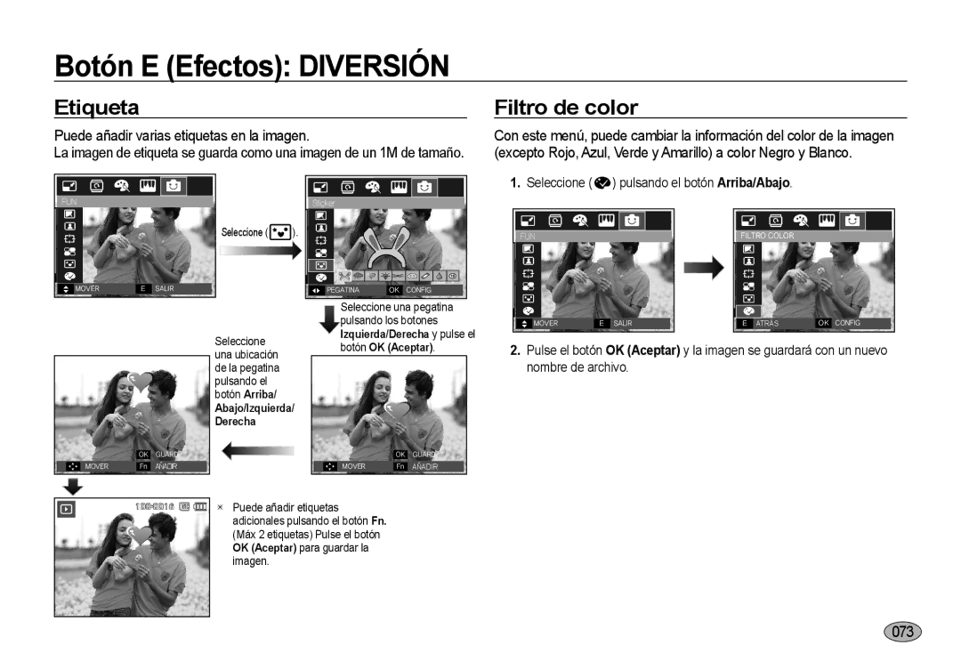 Samsung EC-I8ZZZUBA/E3, EC-I8ZZZWBA/E3 manual Etiqueta, Filtro de color, Puede añadir varias etiquetas en la imagen, 073 