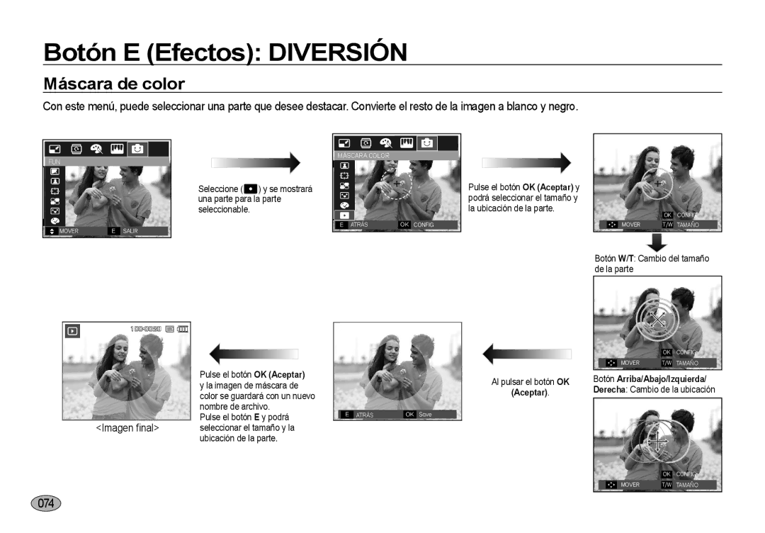 Samsung EC-I8ZZZWBA/GB, EC-I8ZZZWBA/E3 manual Máscara de color, 074, Imagen ﬁnal, Aceptar, Botón Arriba/Abajo/Izquierda 