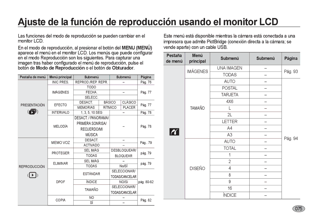 Samsung EC-I8ZZZWBA/FR, EC-I8ZZZWBA/E3, EC-I8ZZZBBA/E3 Ajuste de la función de reproducción usando el monitor LCD, 075, 4X6 